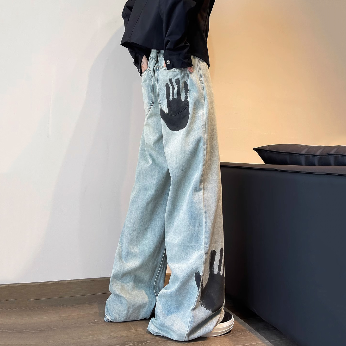 Sopula Retro Street Hiphop Palm Print Jeans - SOPULA