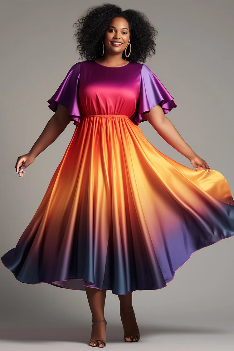 Xpluswear Design Plus Size Wedding Guest Rainbow Elegant Gradient Round Neck Short Sleeve Satin Midi Dresses [Pre-Order] 2024 - Xpluswear
