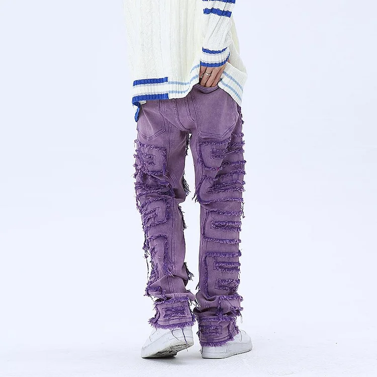 Solid Color Streetwear Retro Ripped Tassel Men's Jeans Stacked jeans at Hiphopee
