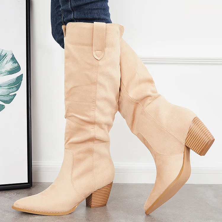 Women Knee High Boots Chunky Block Heel Western Riding Boots