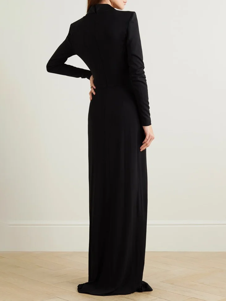 Svelte Elegance: Long-Sleeve Skinny Solid Color Deep V-Neck Maxi Dresses