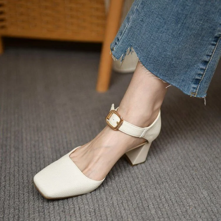 Chunky Heel Gold Buckle Closed Toe Sandals Internet Celebrity Square-PABIUYOU- Women's Fashion Leader