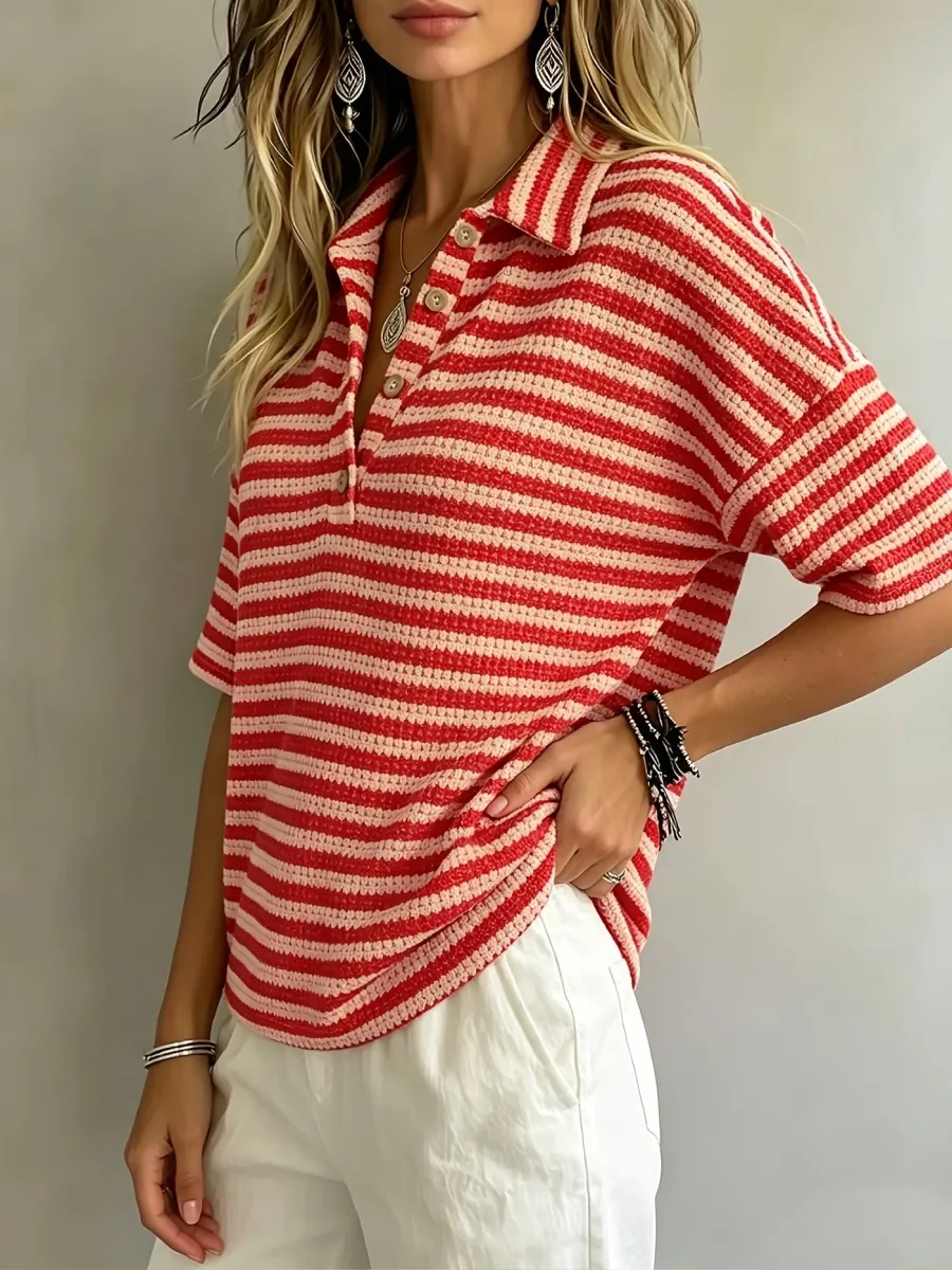 New Arrival 🔥Women'S Fashion Striped Waffle Short-Sleeved Polo Shirt