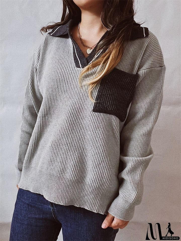 MidiSono - Casual Lapel Contrast Color Sweaters With Pocket