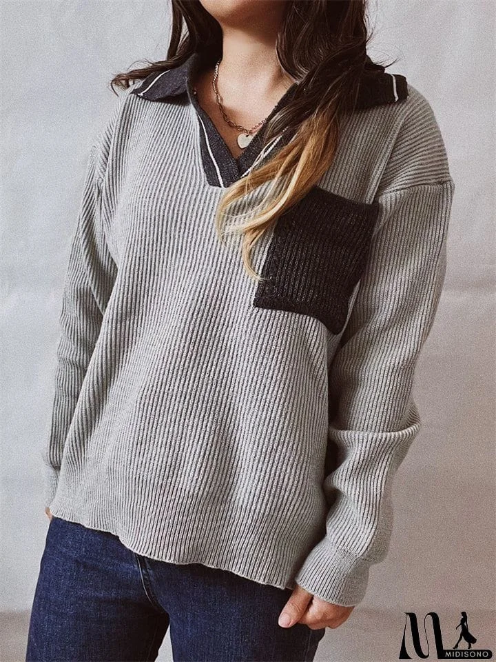 MidiSono - Casual Lapel Contrast Color Sweaters With Pocket
