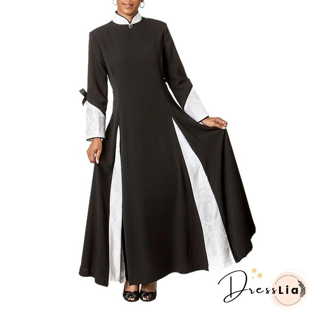 Church Women Clergy Dress Fashion Patchwork Long Sleeve Dress Patchwork Fall Winter Dress Stand Collar Pleated Preaching Robe