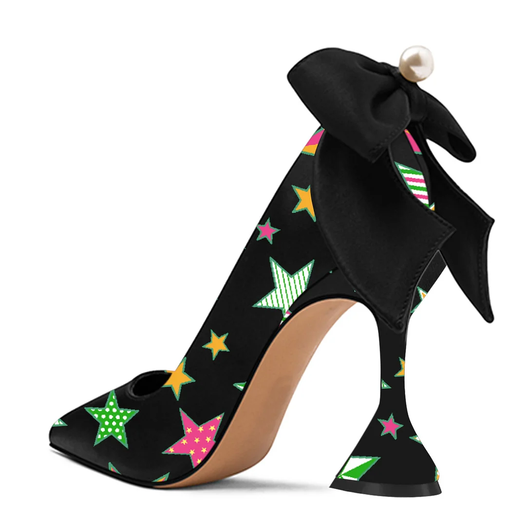 Pearl Bow Pointed Toe Flared Heel Black Pumps with Multicolor Stars