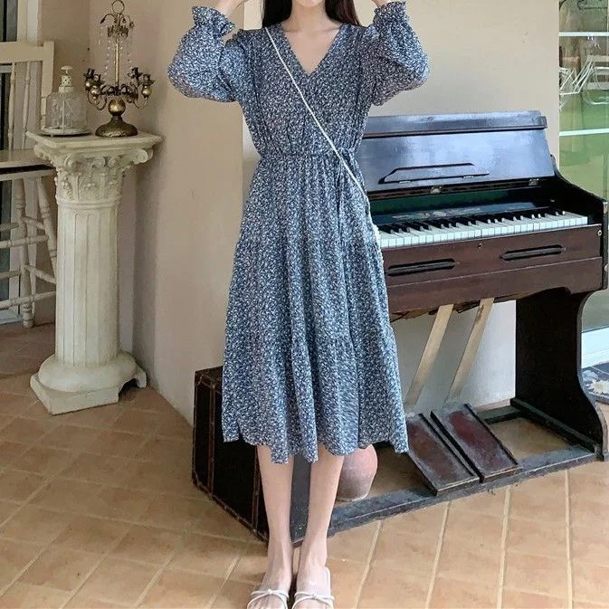 Floral Long-Sleeve V-Neck Midi A-Line Dress YP1626