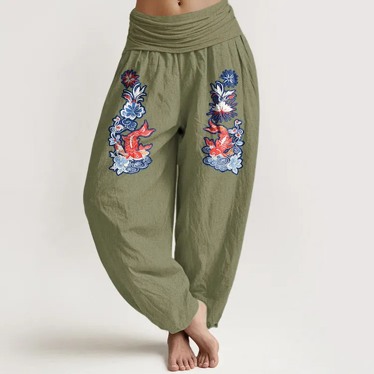 Cotton Striking Koi Fish Flower Pattern Women's Elastic Waist Harem Pants