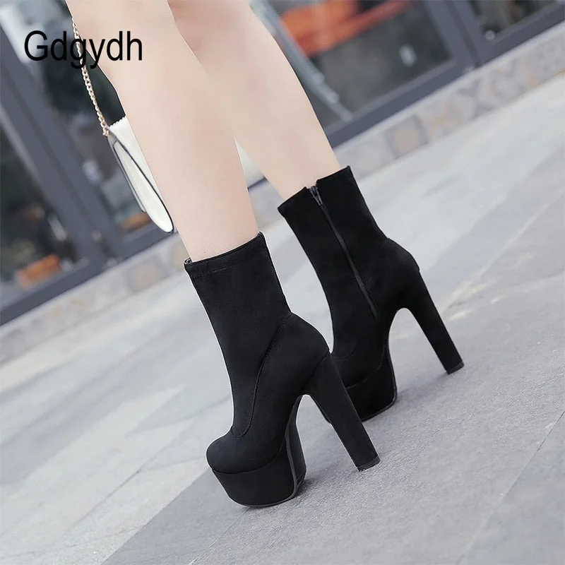 Gdgydh Fashion Solid Extreme High Platform Heels Boots Women Flock Boots With Zipper Big Size 48 Nightclub Female Footwear Cheap