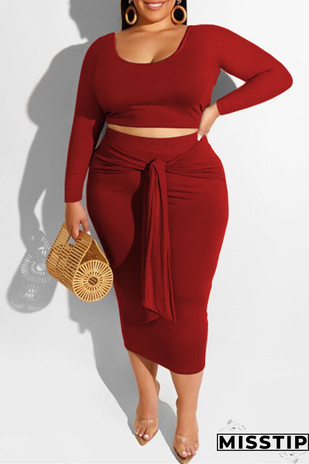 Fruit Green Fashion Casual Solid Bandage O Neck Plus Size Two Pieces