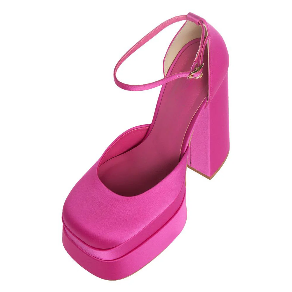 Chic Fuchsia Satin Square Toe Chunky High Heel Platform Pumps