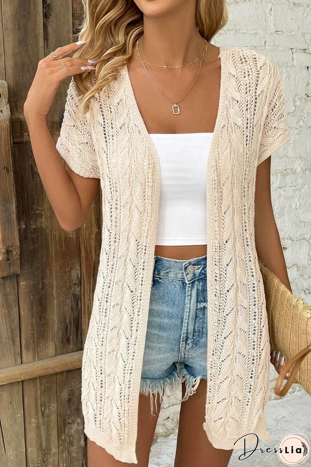 Openwork Open Front Short Sleeve Cardigan