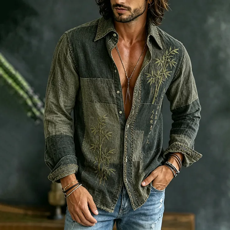 Men's Bamboo Embroidery Patchwork Art Casual Cotton Linen Long-sleeved Shirt