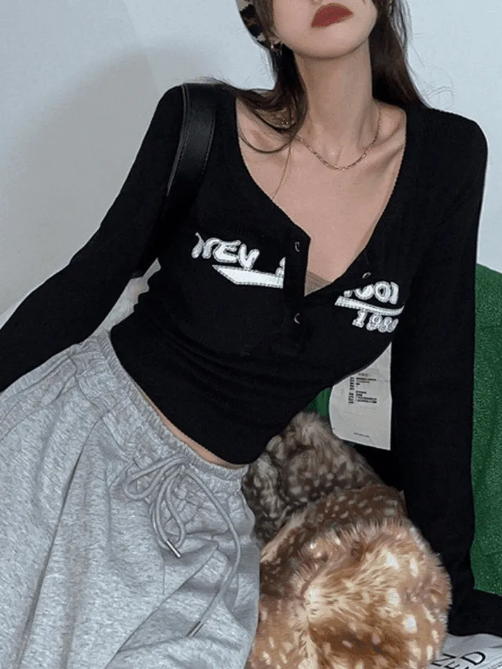 Brownm Y2K Long Sleeve Ribbed Knit Crop Top