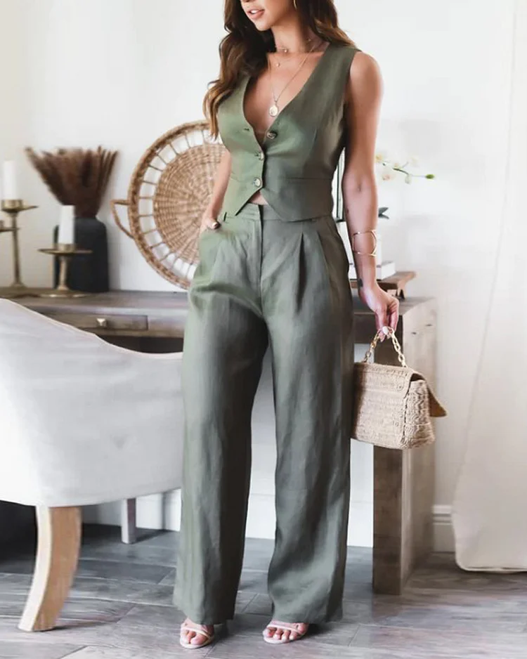 Sleeveless waistband solid color two piece set