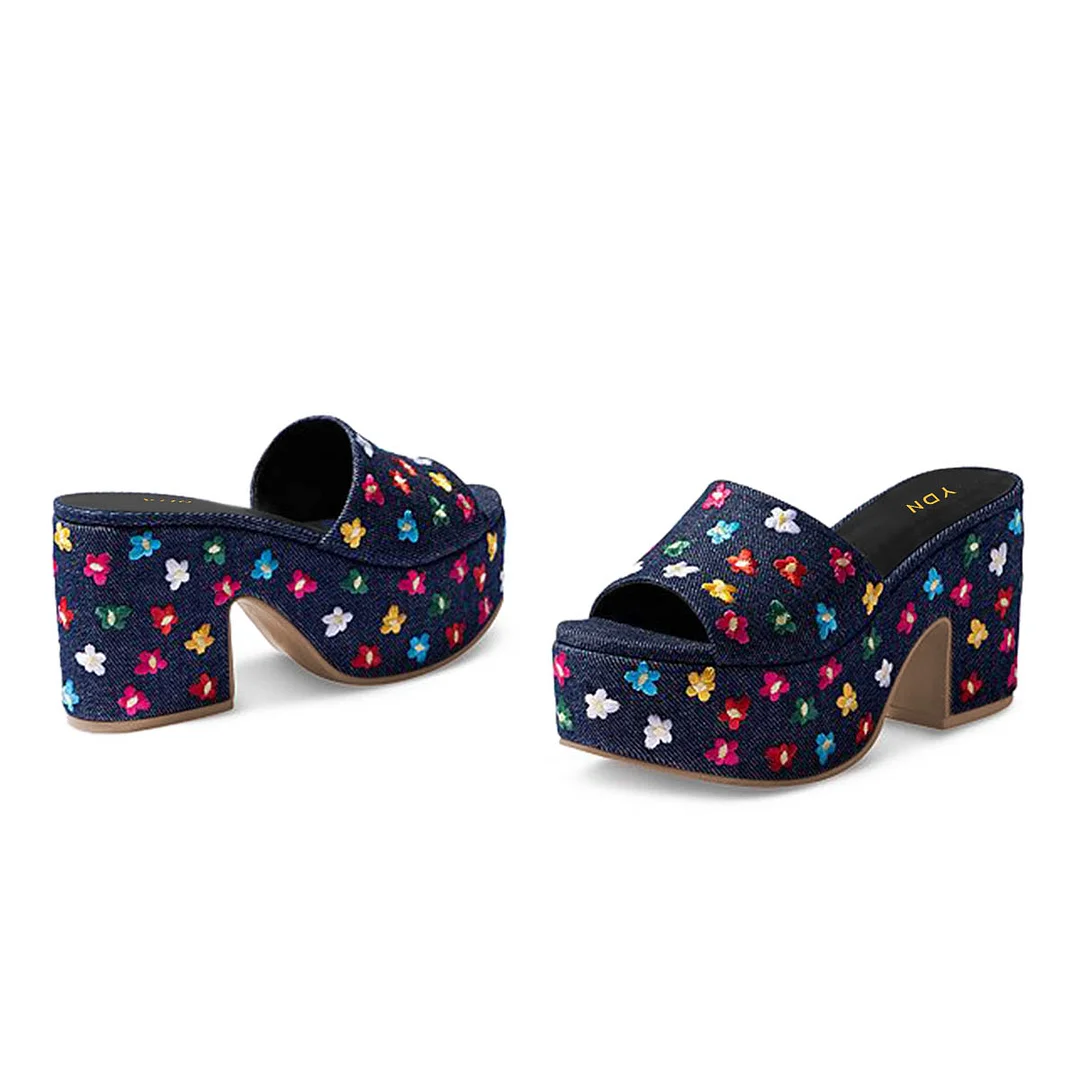 Multicolor Denim Open Toe Flower Embroidery Platform Mules Sandals
