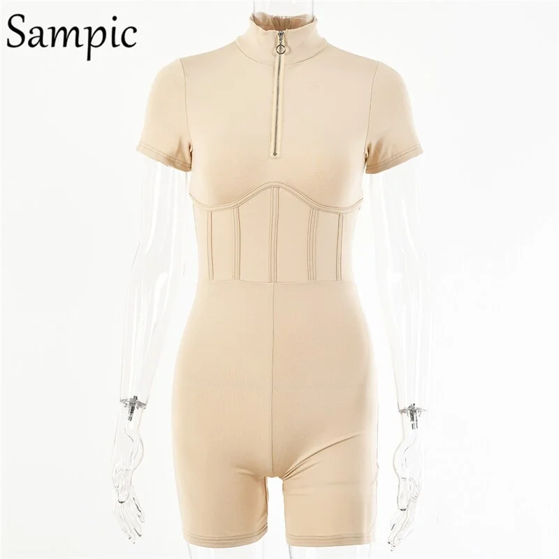 Sampic Sexy Women Skinny Short Biker Sport Rompers Short Sleeve Ribbed Jumpsuit 2020 Autumn Playsuit Body Femme Corset Tops