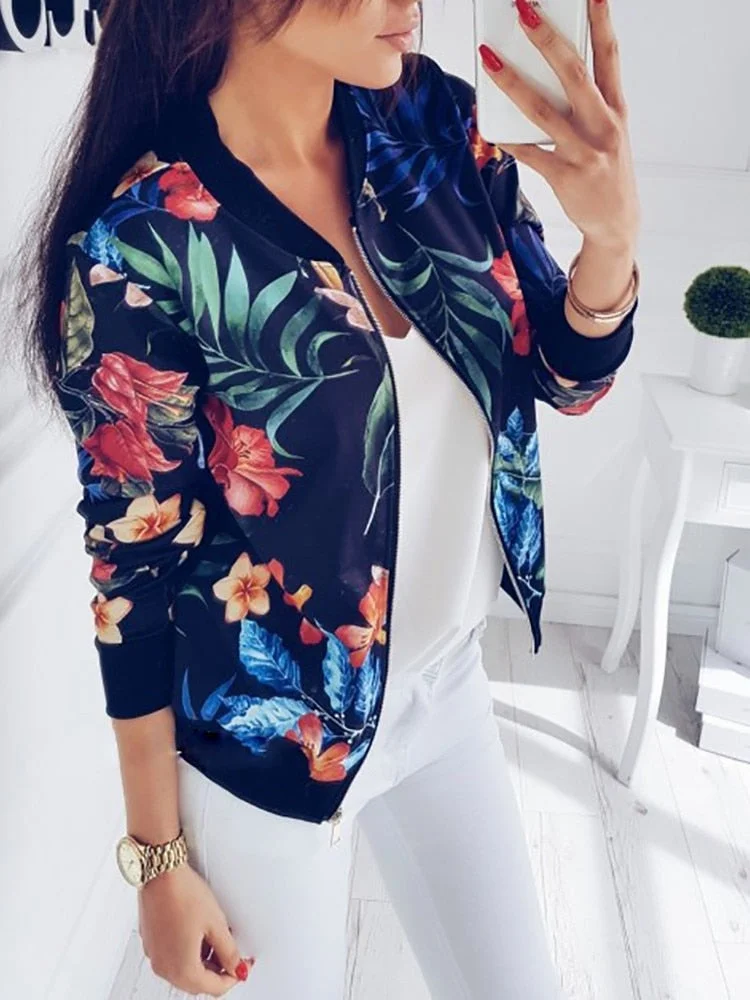 Women Vintage Jacket Streetwear Floral Print Autumn Thin Woman Bomber Jacket Streetwear Oversized Zipper Ladies Outerwear Coat