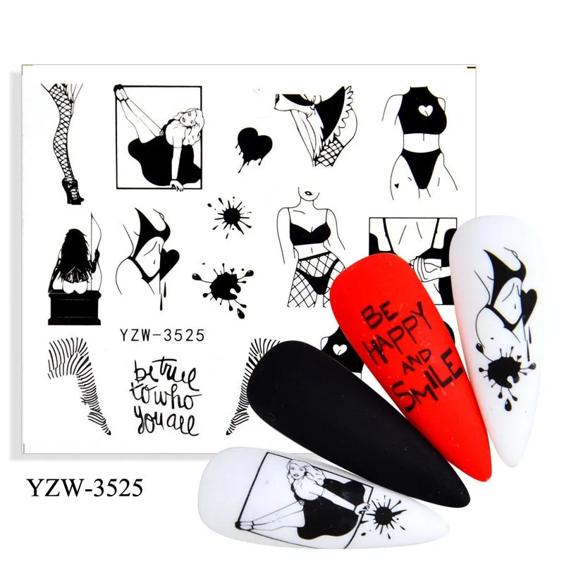 1 Sheet 3D Stickers For Nails Black Letter Leaf Flower Patterns Slider Nail Art Manicure Adhesive Tips Decals DIY Decorations-Nail Inspo