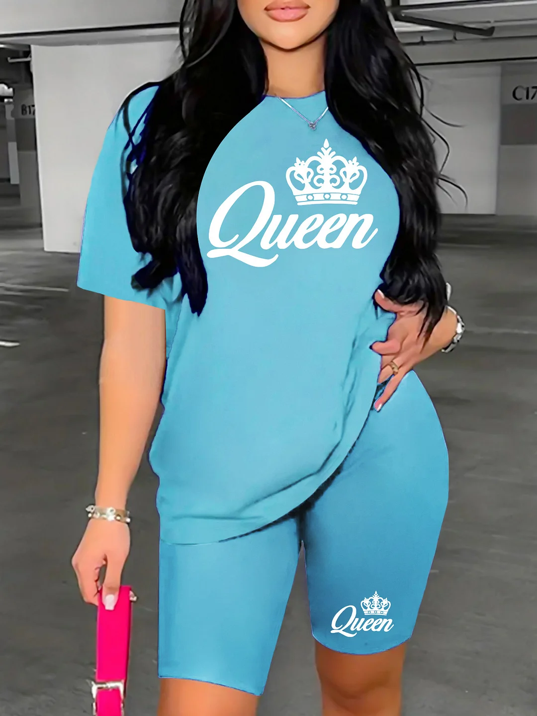 Women's Fashionable Queen Crown Letter T-Shirt And Shorts Set - Light Blue, Casual Summer Outfit With Stretch Fabric, Crew Neck, Short Sleeve Top, Shorts, And Tote | IFYHOME