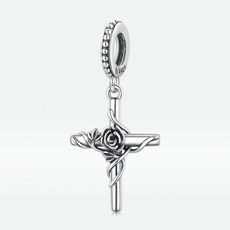 Aifule Fashion Popular S925 Sterling Silver Rose Cross Pendant Bracelet DIY Simple Flower Beads