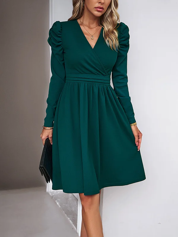 Puff Sleeves Skinny Pleated Solid Color Split-Joint V-Neck Midi Dresses