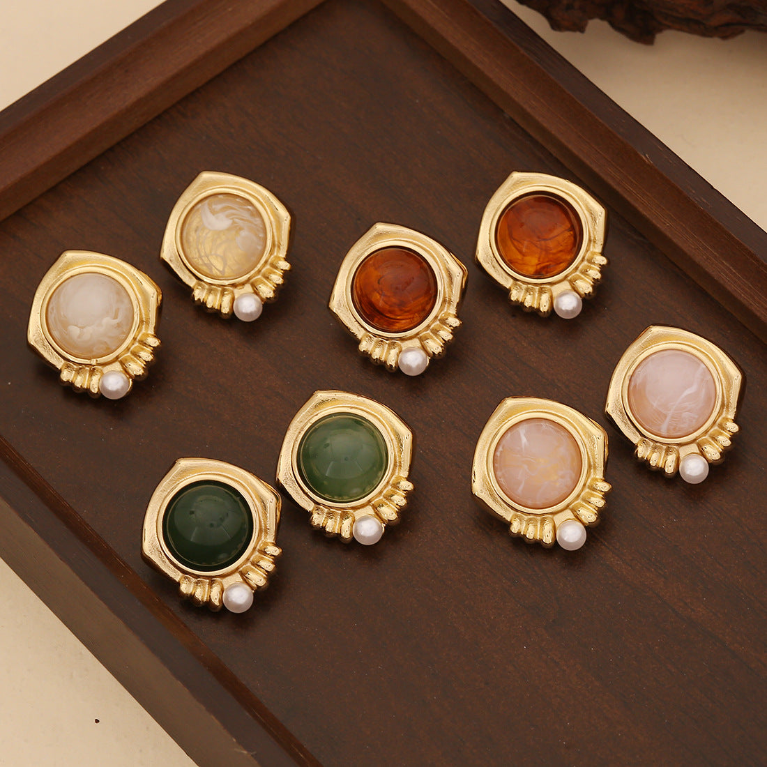 Retro Stainless Steel Earrings Flower Pearls All-Match Earrings E590