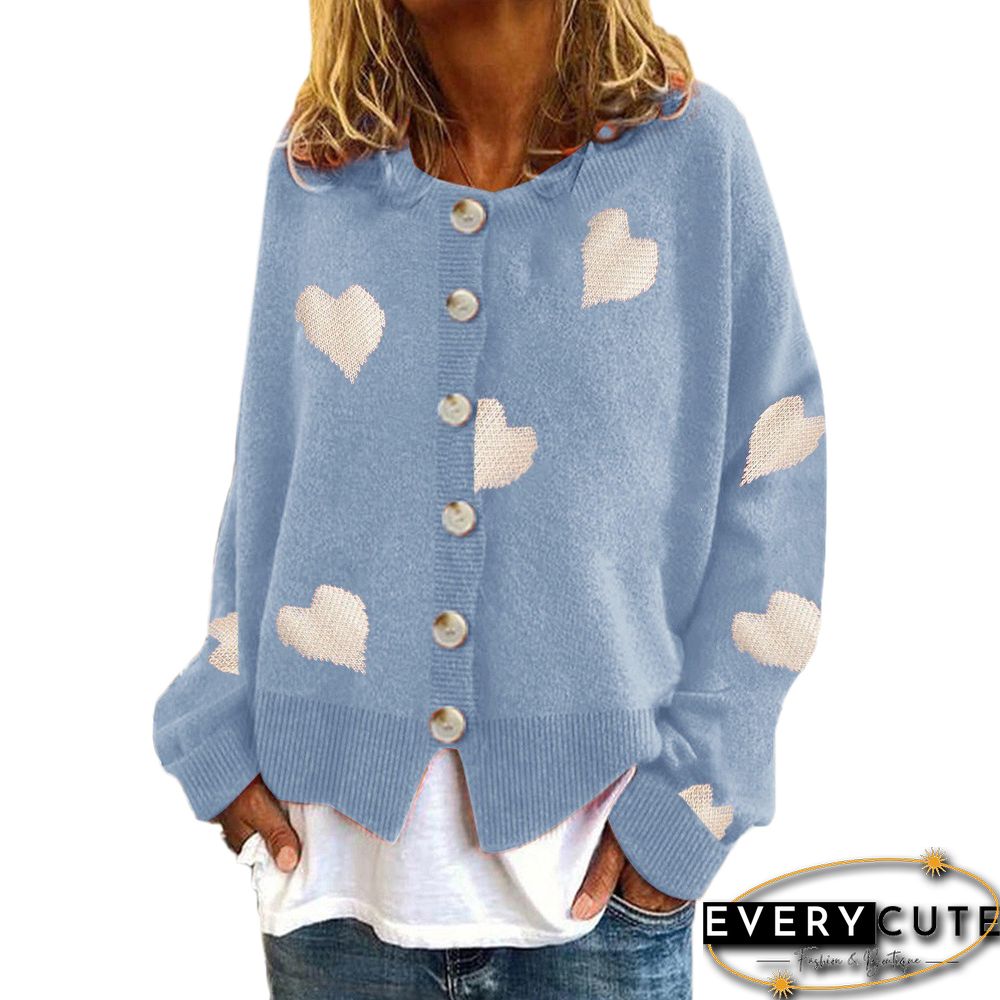 Light Blue Heart Print Button-down Knit Cardigan