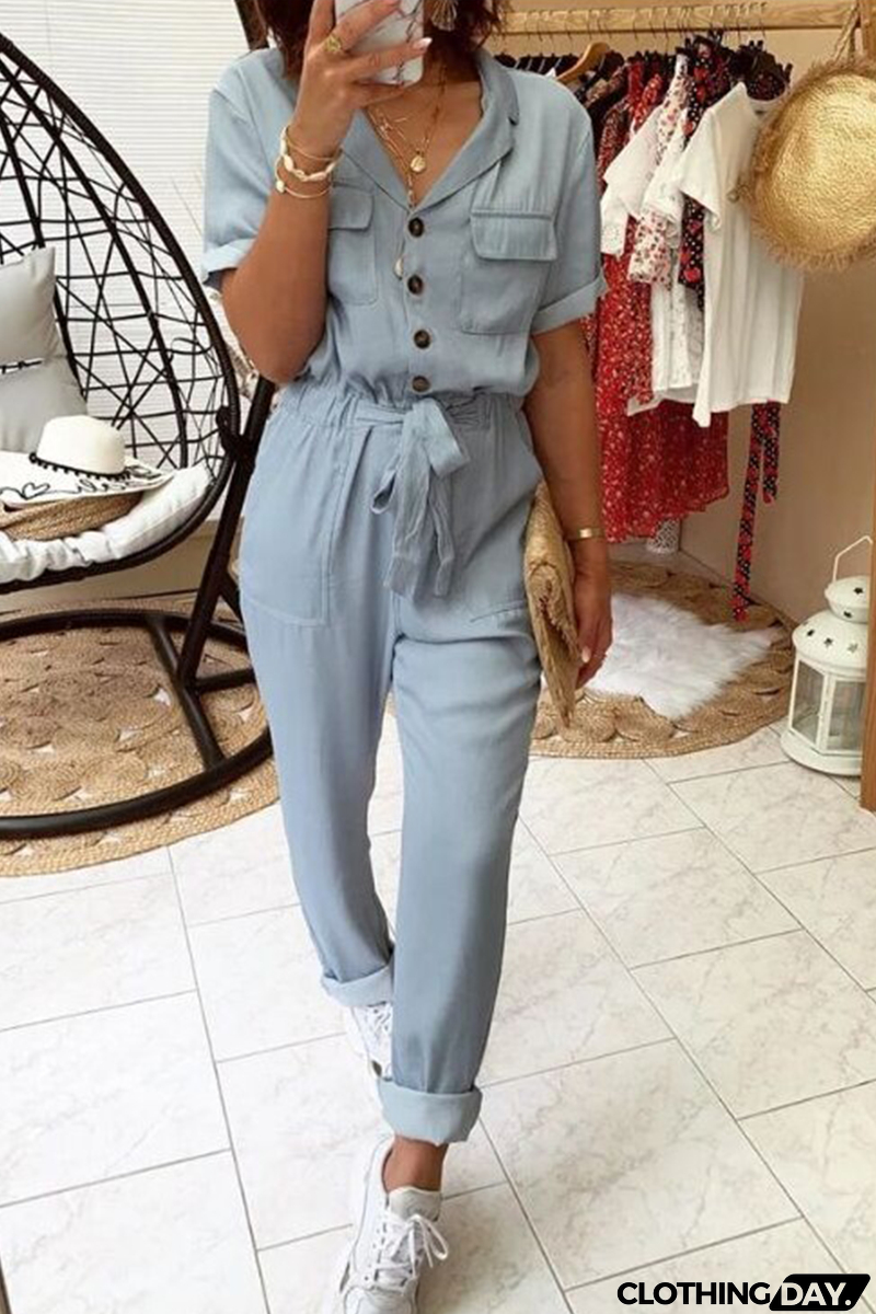 Fashion Solid Patchwork Turndown Collar Harlan Jumpsuits