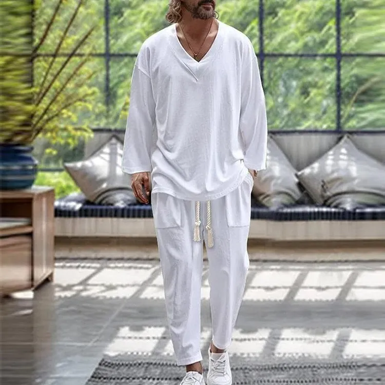Men's Casual V-neck Loose Long-sleeved T-shirt Elastic Waist Tapered Trousers Set 