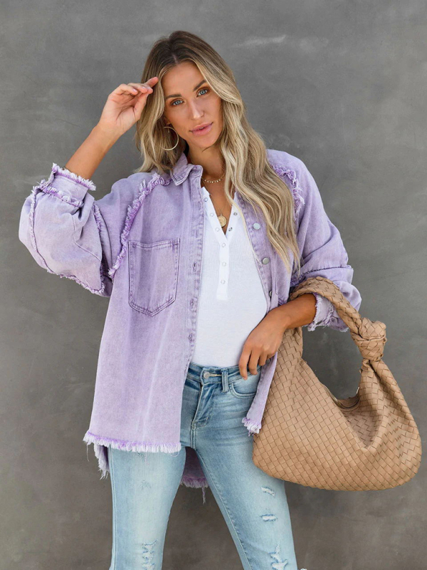 Mature Women Casual Fringed Ripped Loose Denim Jacket
