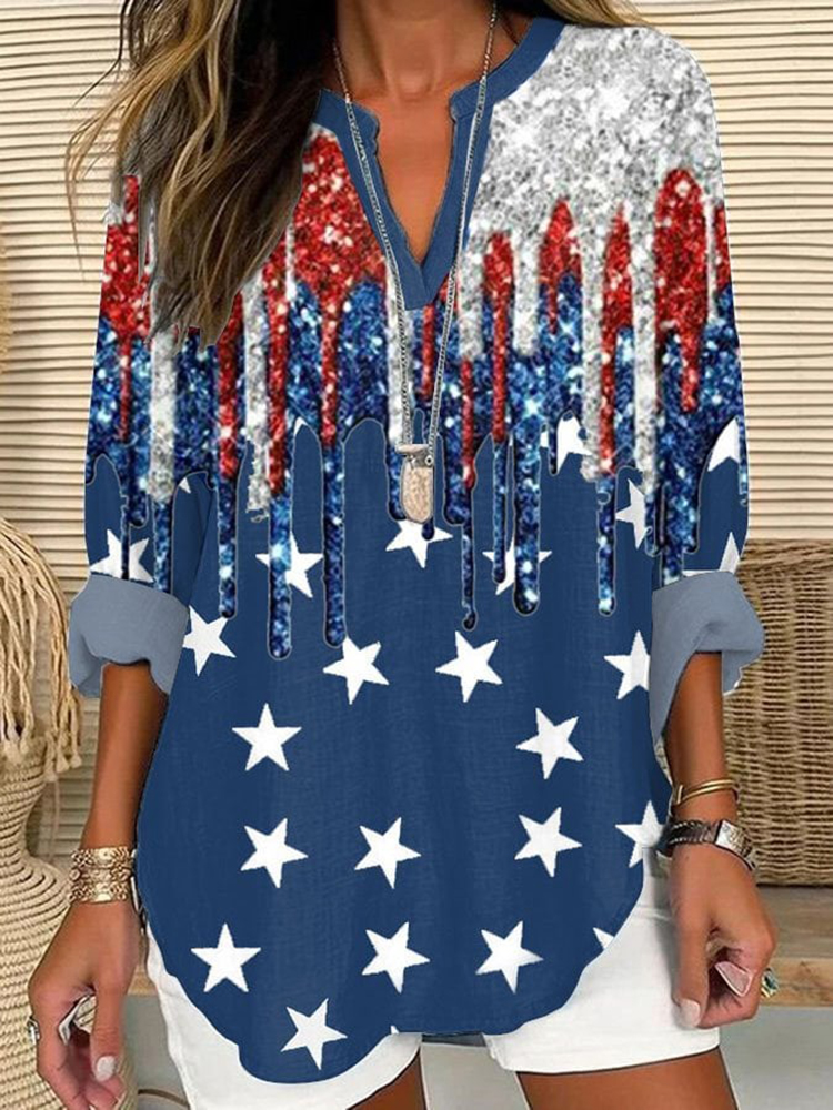 Comstylish Independence Day Printed V-Neck Loose Blouse