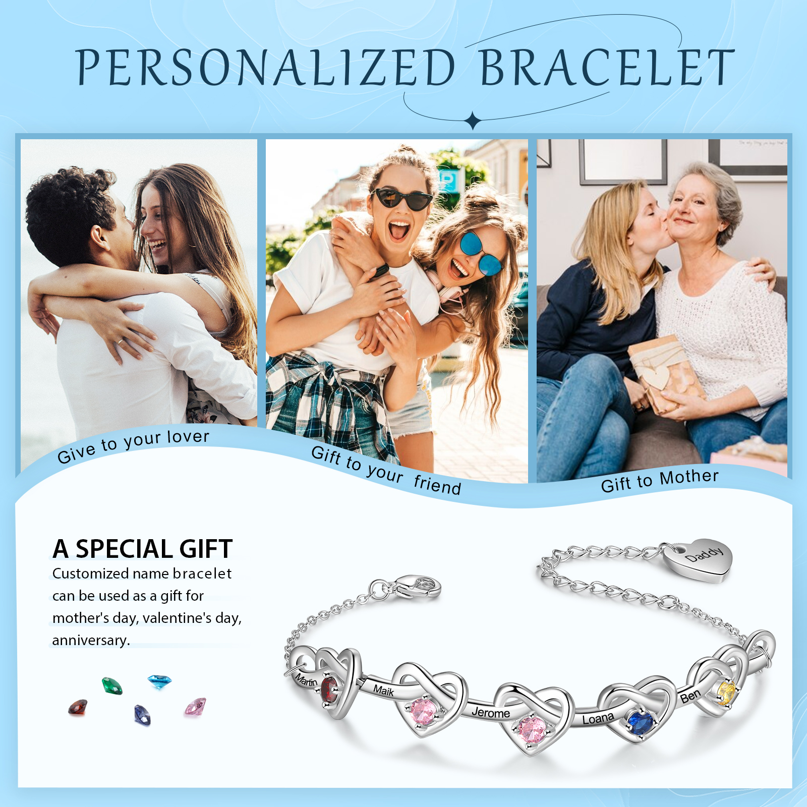 5 Names - Personalized Linked Heart Bracelet Custom 5 Birthstones Engraved Text Bracelets- Mother's Day Gift for Mom/Grandma