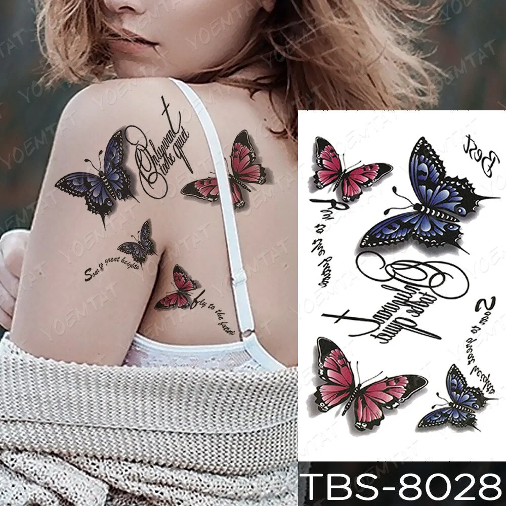 Waterproof Temporary Tattoo Sticker Black Butterfly Totem Fake Tatto Flash Realistic Rose Tatoo Body Art 3d For Girl Women