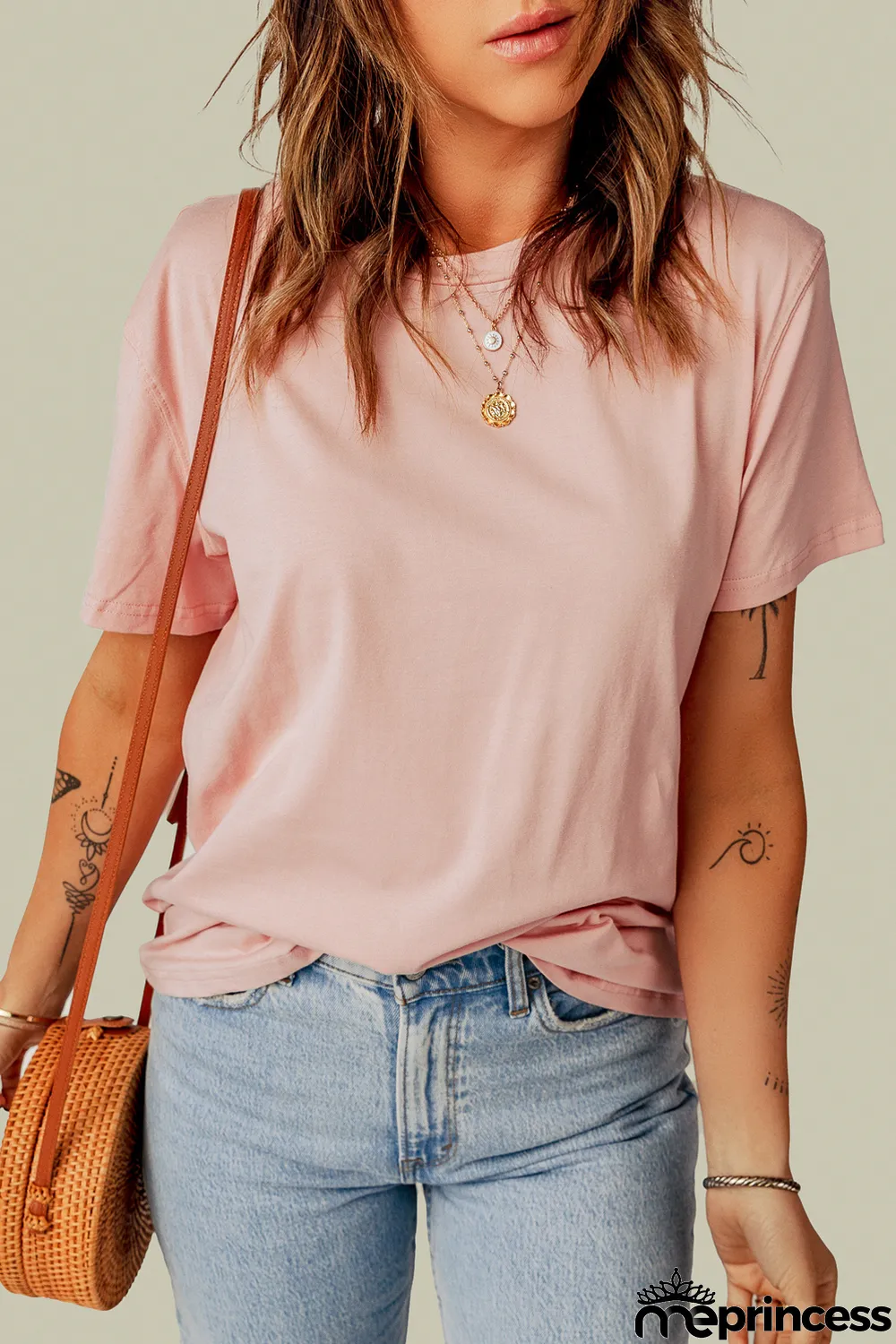 Pink Plain Crew Neck Short Sleeve Tee