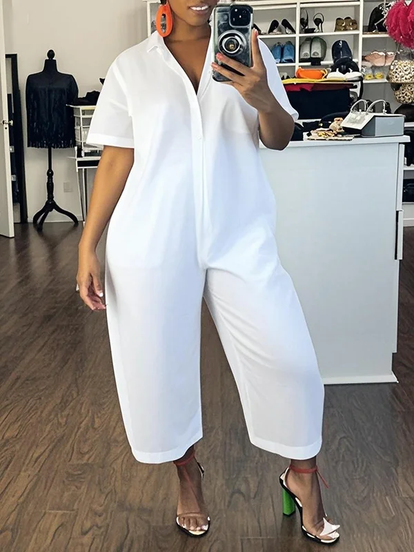Solid Color Buttoned Short Sleeves Loose Lapel Jumpsuits