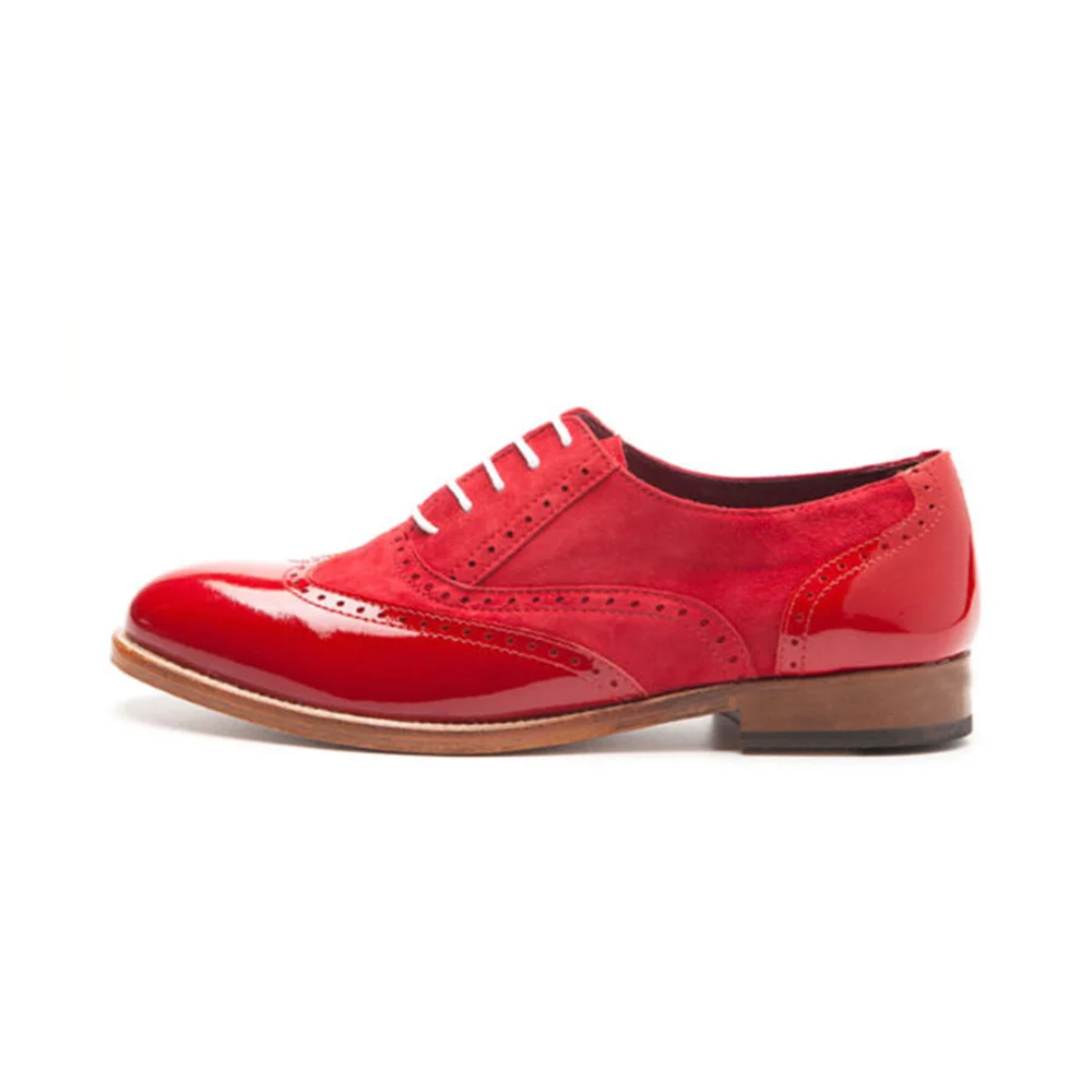 Red Patent Leather & Suede Mixed Closed Pointed Toe Lace Up Oxford Shoes With Low Chunky Heels Nicepairs