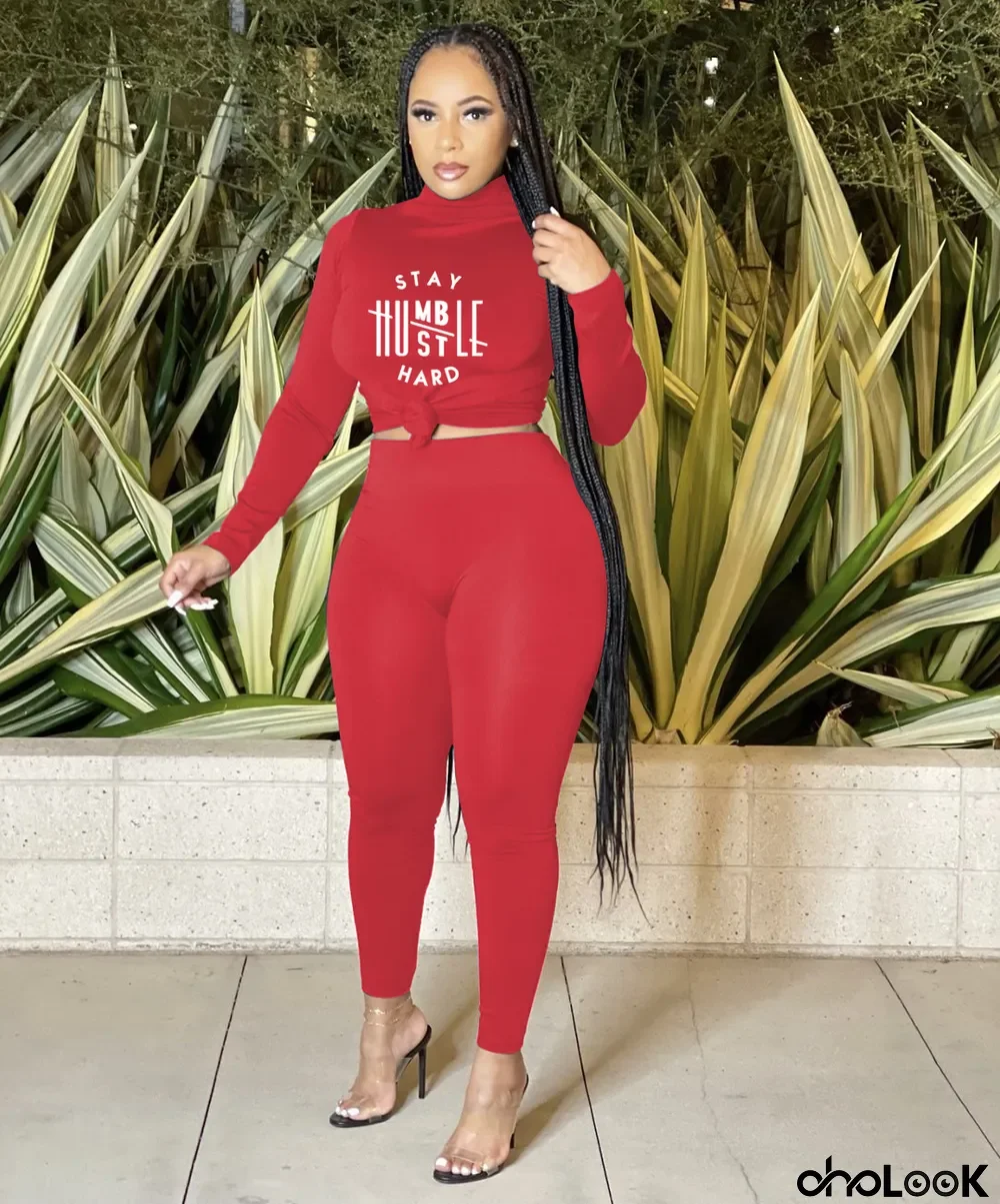 Letter Print High Collar Casual Two Piece Pants Set