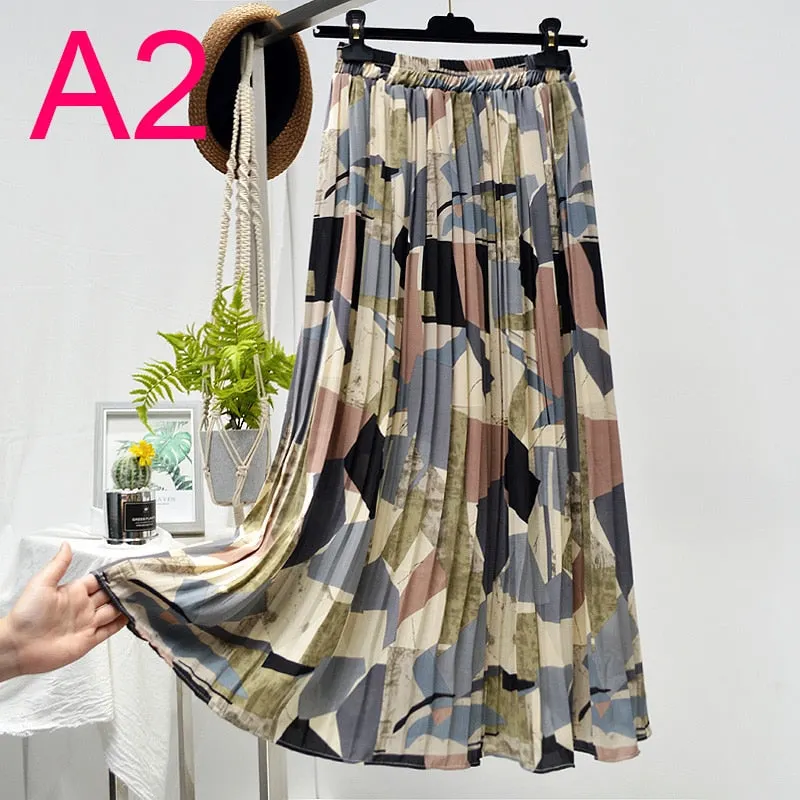 Summer Skirts Womens 2020 New Vintage Floral Print Chiffon Pleated Skirt Elastic High Waist Casual Midi Skirt Women Clothes Jupe
