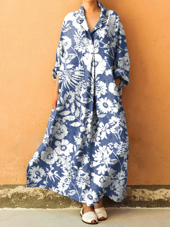 Vintage Floral Print Shirt Collar Long Sleeve Loose Dress