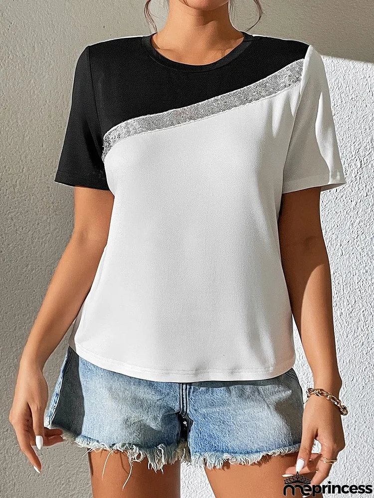 Contrast Color Round Neck Short Sleeve Tee