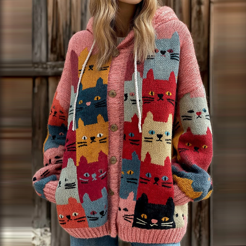Women's Colorful Cats Pattern Cozy Hooded Cardigan elevenforest