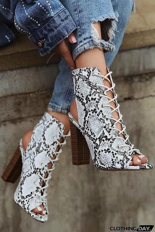 Snake Lace Up High Heel Boots