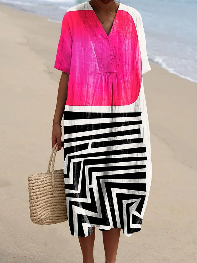Women's Bright Color Block Lines Stripes Abstract Art Print Flowy Dress