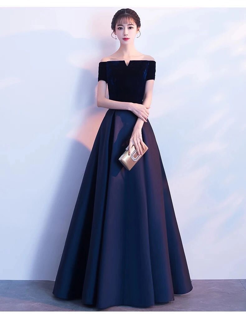 Womens A-line Dress Off Shoulder Satin Elegant Prom Maxi Long Dress