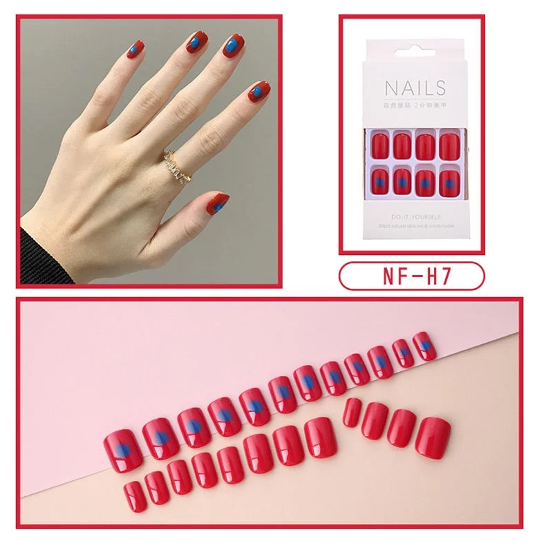 Fashion 24pc/set French Styel Press On False Nail Tips 10 Sizes Fake Nails Full Cover Nail Tips With Nail Adhesive Tab Sticker-Nail Inspo