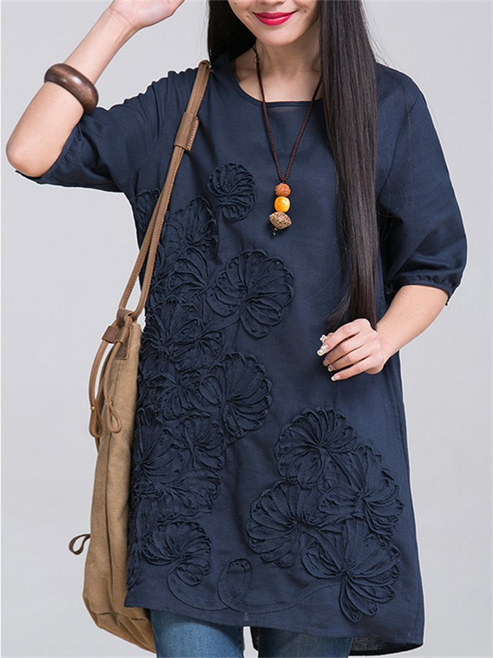Summer Loose Plus Size Linen Dress Women's Literary Embroidery Round Neck Short-sleeved Cotton Linen Dress