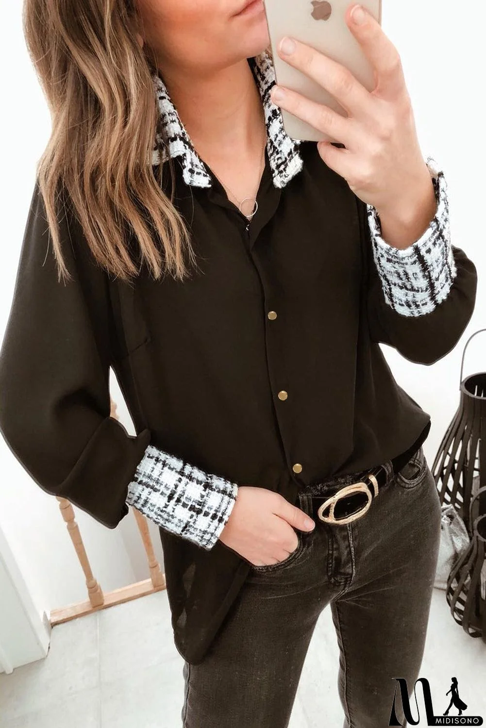 MidiSono - Turn-down Collar Button Plaid Splicing Shirt