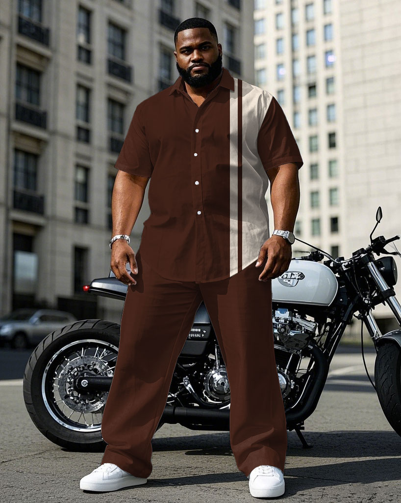 Men's Plus Size Red Brown & Apricot Colorblock Short Sleeve Shirt Pants Suit